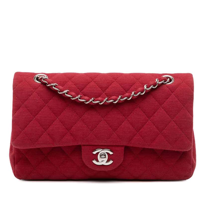 Chanel Medium Classic Jersey Double Flap Red Cotton Good condition - Front View