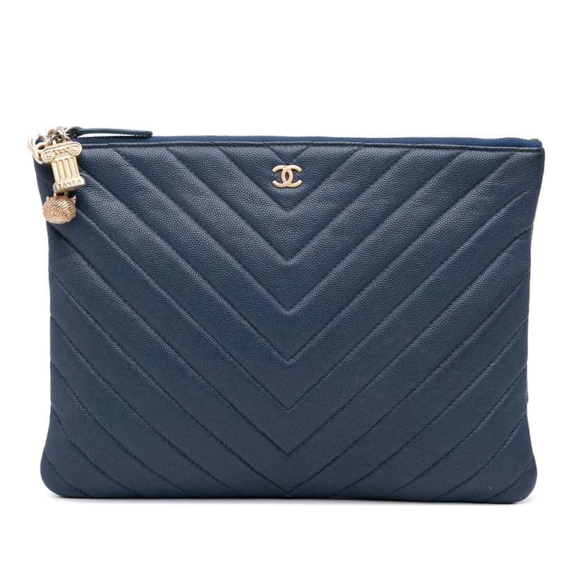 Chanel Medium Chevron Caviar Ancient Greek Charms O Case Clutch Blue Leather Good condition - Front View