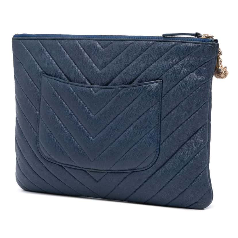 Chanel Medium Chevron Caviar Ancient Greek Charms O Case Clutch Blue Leather Good condition - Back View