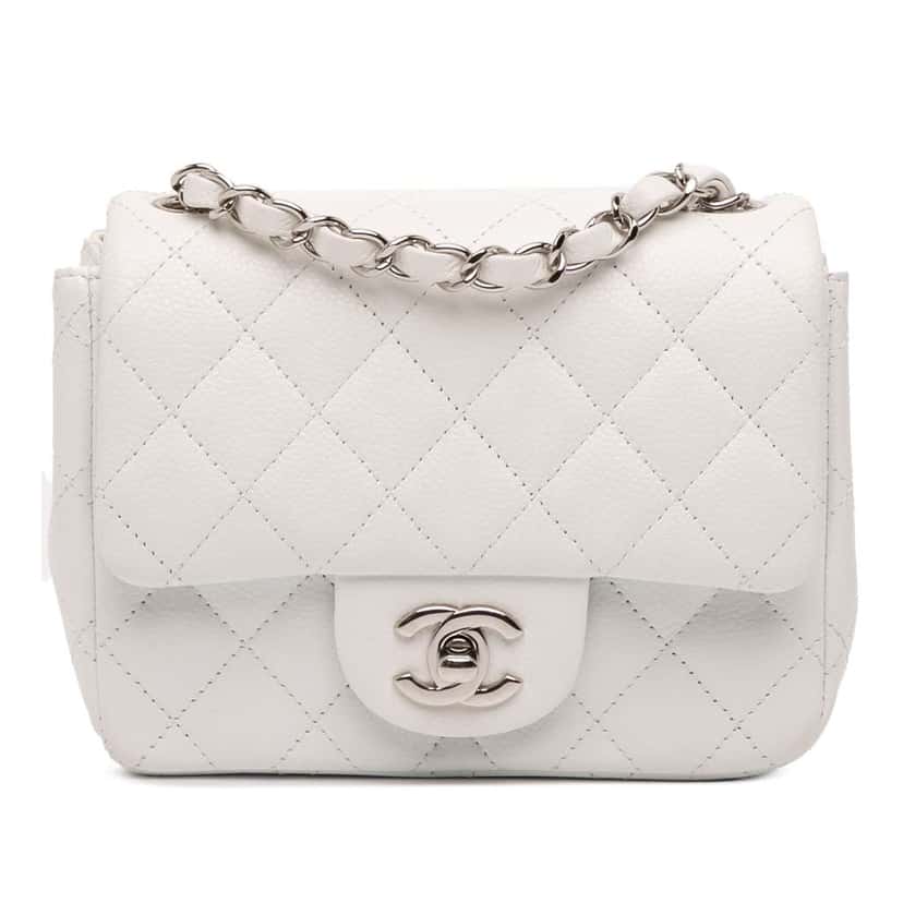 Chanel Mini Square Classic Caviar Single Flap White Leather Good condition - Front View
