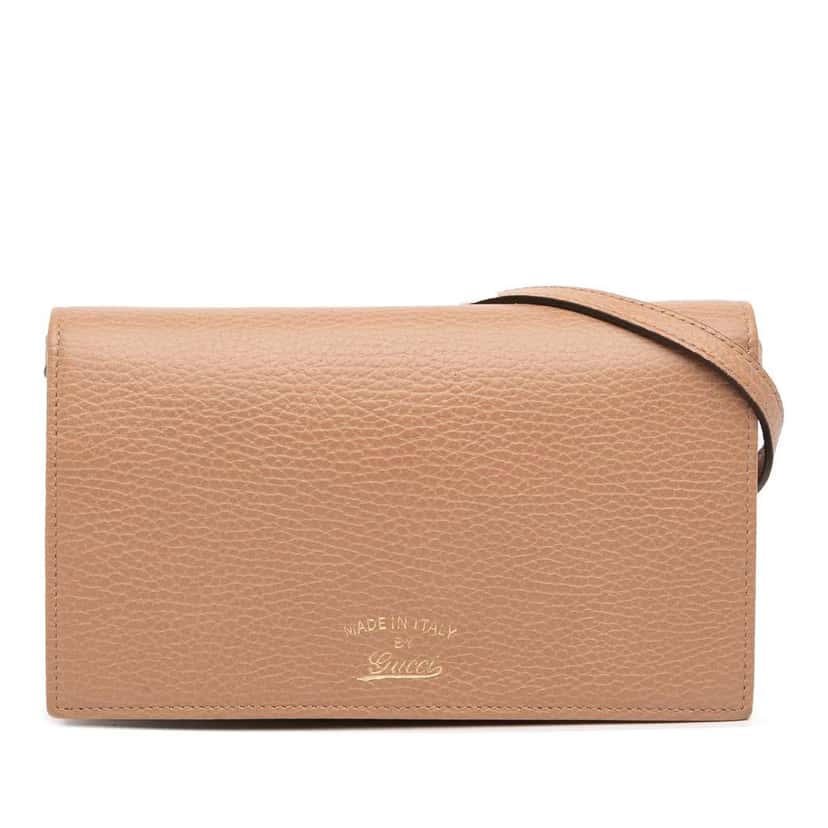 Gucci Dollar Calfskin Swing Wallet On Strap Brown Leather Good condition - Front View