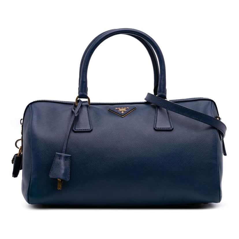 Prada Saffiano Lux Convertible Bowler Bag Blue Leather Fair condition - Front View