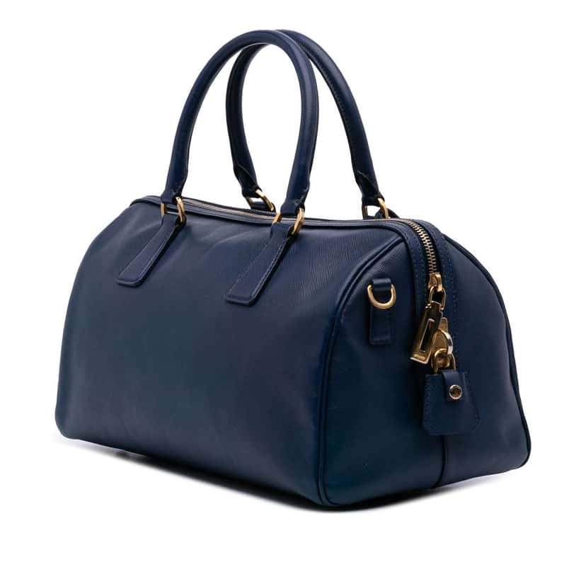 Prada Saffiano Lux Convertible Bowler Bag Blue Leather Fair condition - Back View