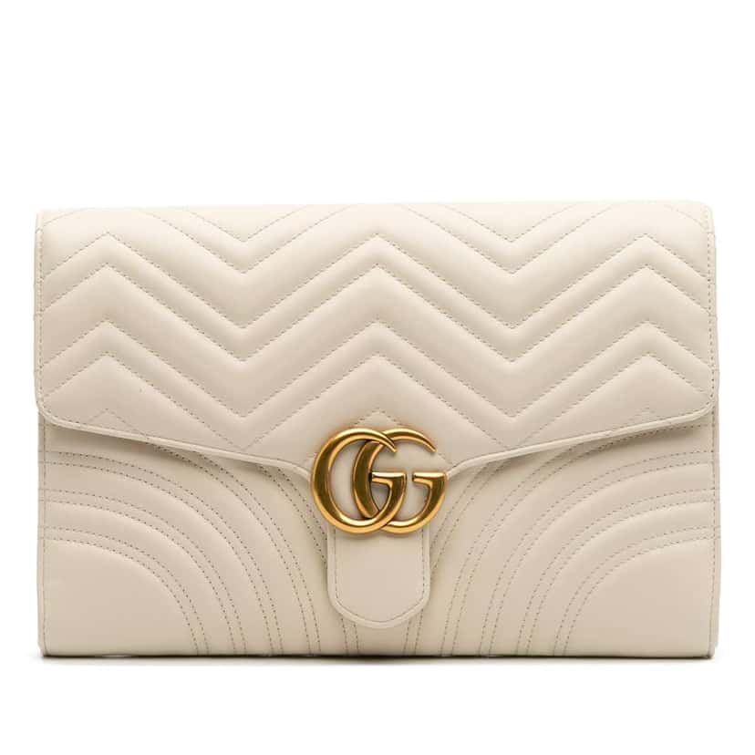 Gucci GG Marmont Matelasse Leather Flap Clutch White Leather Good condition - Front View