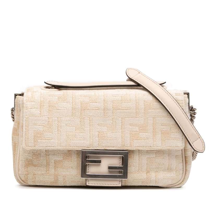 Fendi FF Chenille and Leather Chain Midi Baguette Brown Cotton Good condition - Front View