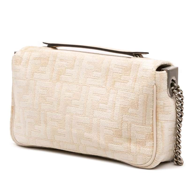 Fendi FF Chenille and Leather Chain Midi Baguette Brown Cotton Good condition - Back View