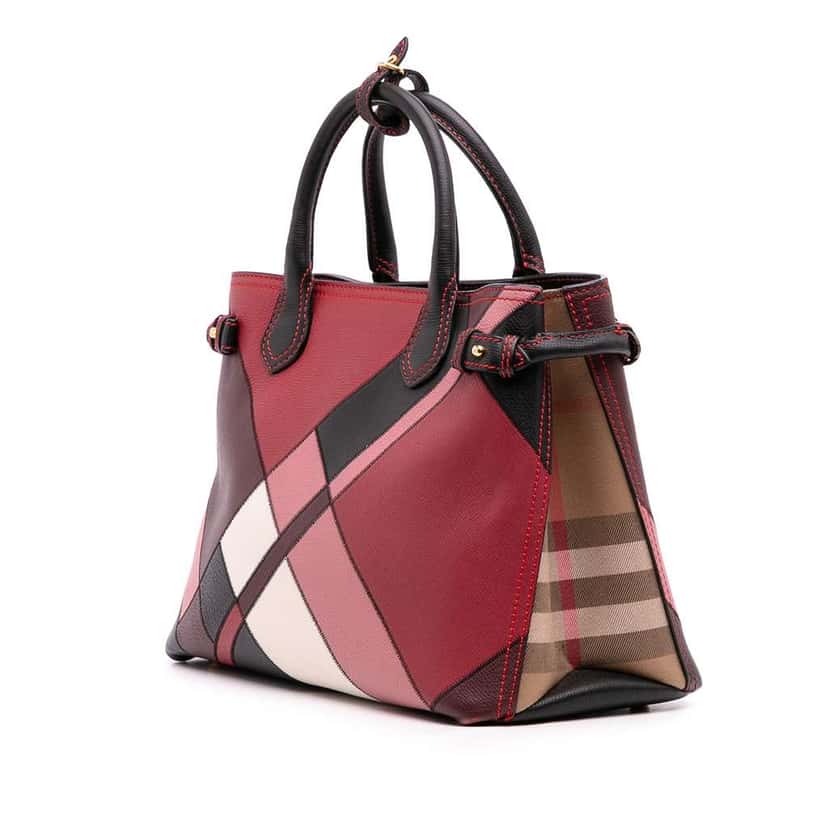 Burberry Medium Leather Patchwork and House Check Banner Satchel Red Leather Fair condition - Back View