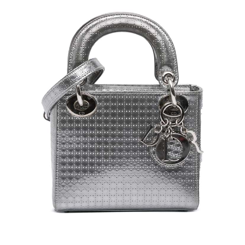 Dior Mini Metallic Patent Microcannage Lady Dior Silver Leather Good condition - Front View