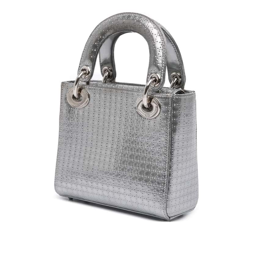 Dior Mini Metallic Patent Microcannage Lady Dior Silver Leather Good condition - Back View