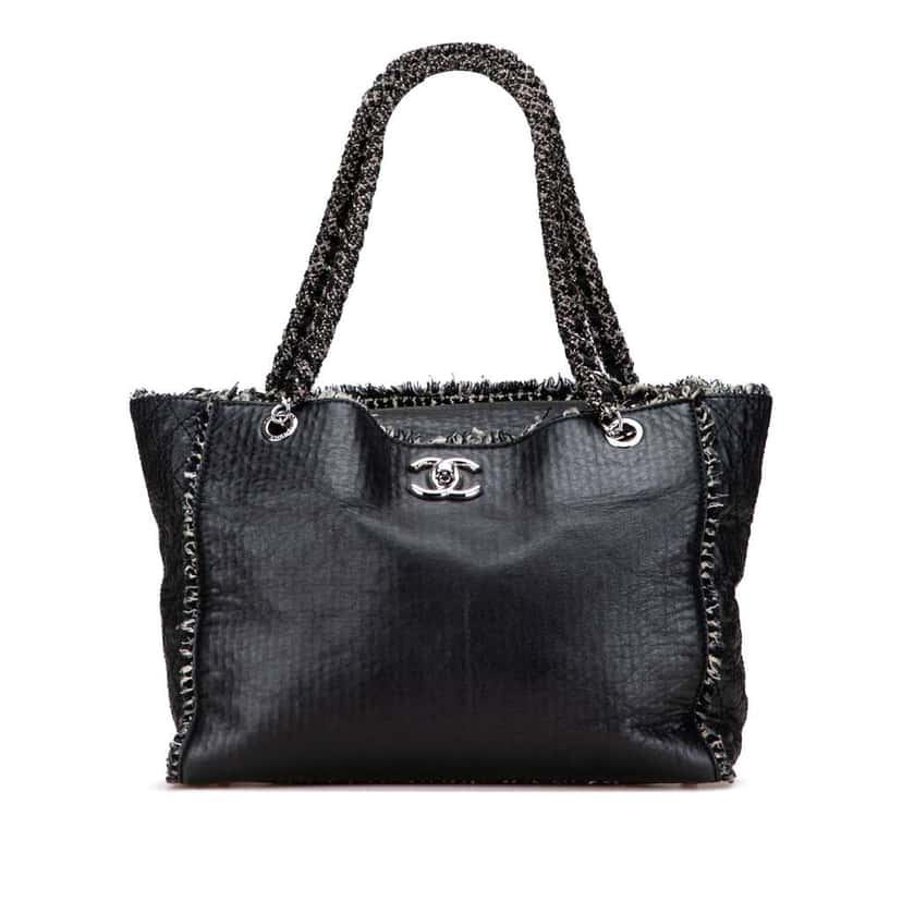 Chanel Glazed Calfskin Tweed Tweedy Shopping Tote Black Leather Good condition - Front View