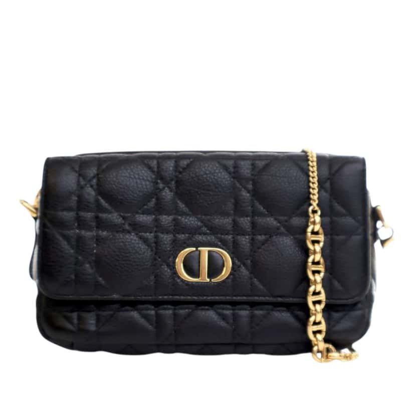 Dior Supple Calfskin Cannage Caro Pouch with Chain Black Leather Good condition - Front View
