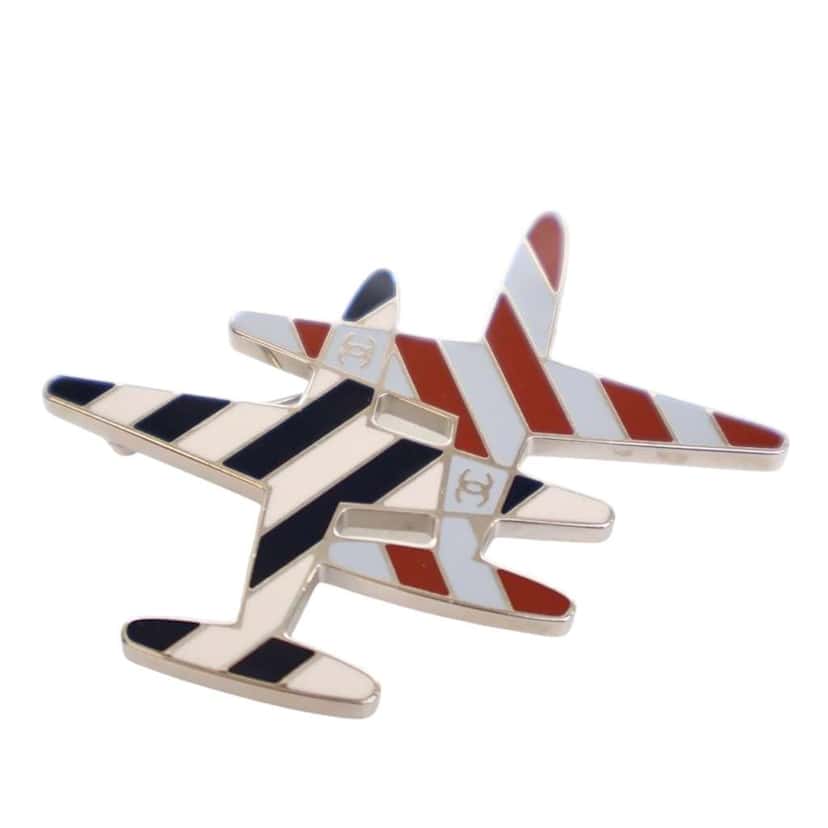 Chanel Enamel CC Striped Airplane Brooch White Good condition - Front View