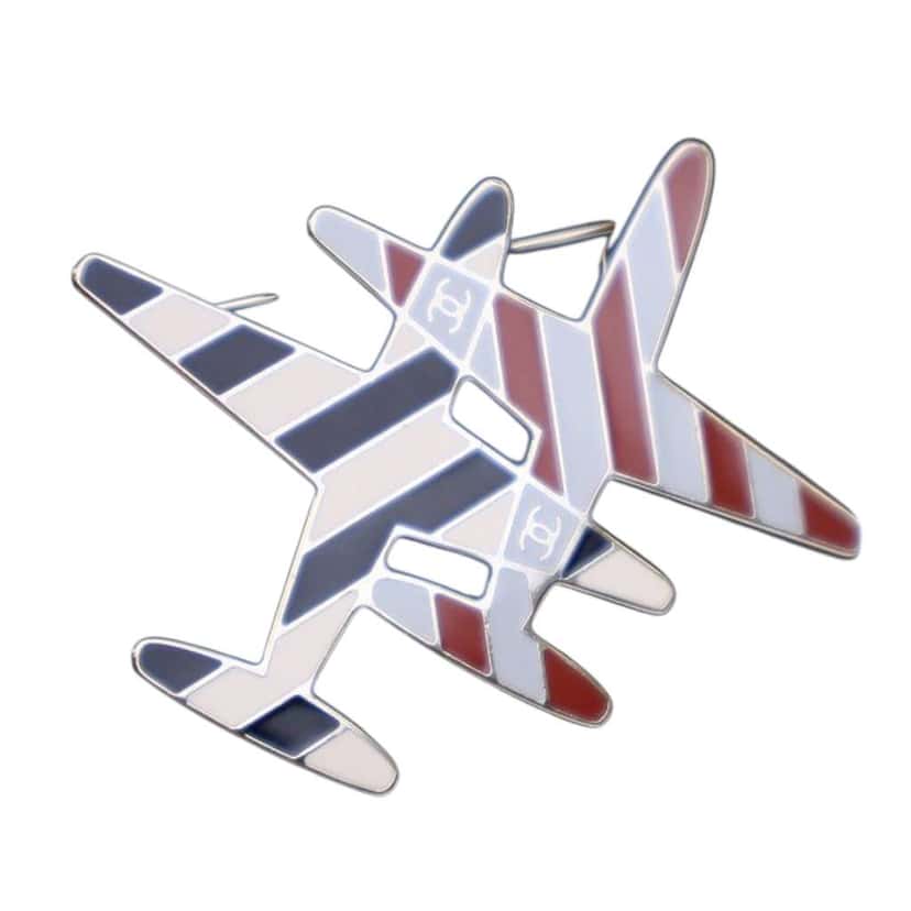 Chanel Enamel CC Striped Airplane Brooch White Good condition - Box View