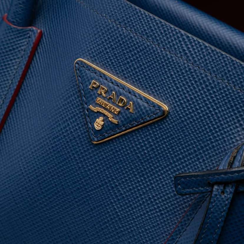 Prada Medium Saffiano Cuir Double Satchel Blue Leather Good condition - Box View