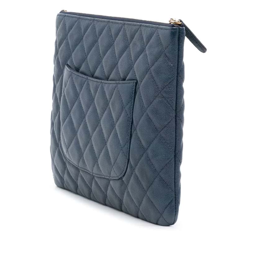 Chanel Medium Quilted Caviar O Case Clutch Blue Leather Good condition - Back View