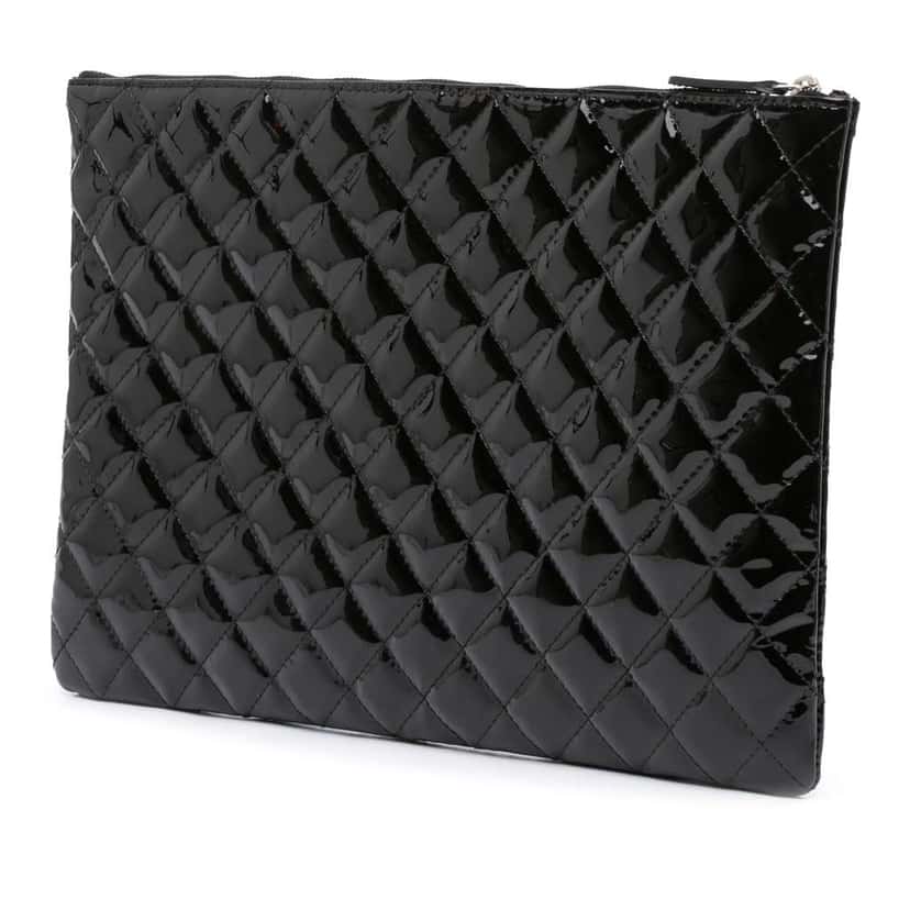 Chanel Large Quilted Patent O Case Clutch Black Leather Good condition - Back View