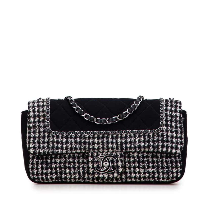 Chanel Medium Quilted Jersey and Tweed Chain Flap Black Cotton Good condition - Front View
