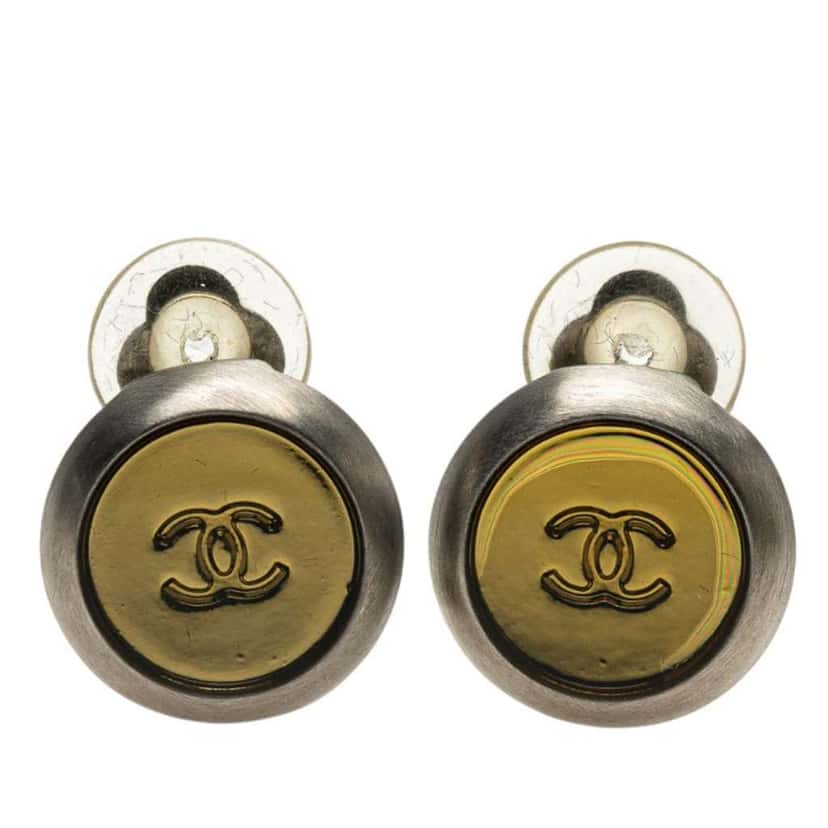 Chanel CC Silver and Gold Plated Round Clip On Earrings Silver Silver Good condition - Front View