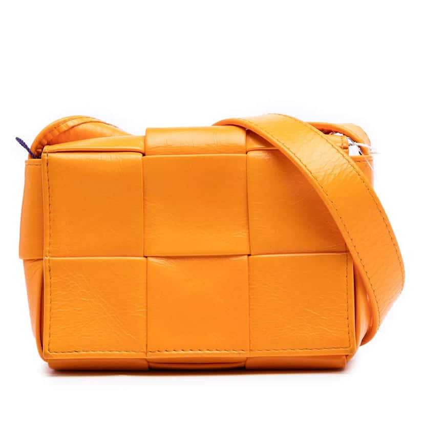 Bottega Veneta Extra Mini Crinkled Lambskin Intrecciato Cassette Crossbody Orange Leather Good condition - Front View