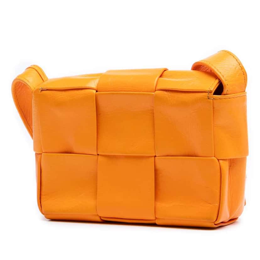 Bottega Veneta Extra Mini Crinkled Lambskin Intrecciato Cassette Crossbody Orange Leather Good condition - Back View