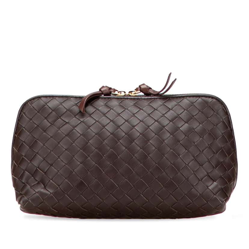 Bottega Veneta Nappa Intrecciato Cosmetic Pouch Brown Leather Good condition - Front View