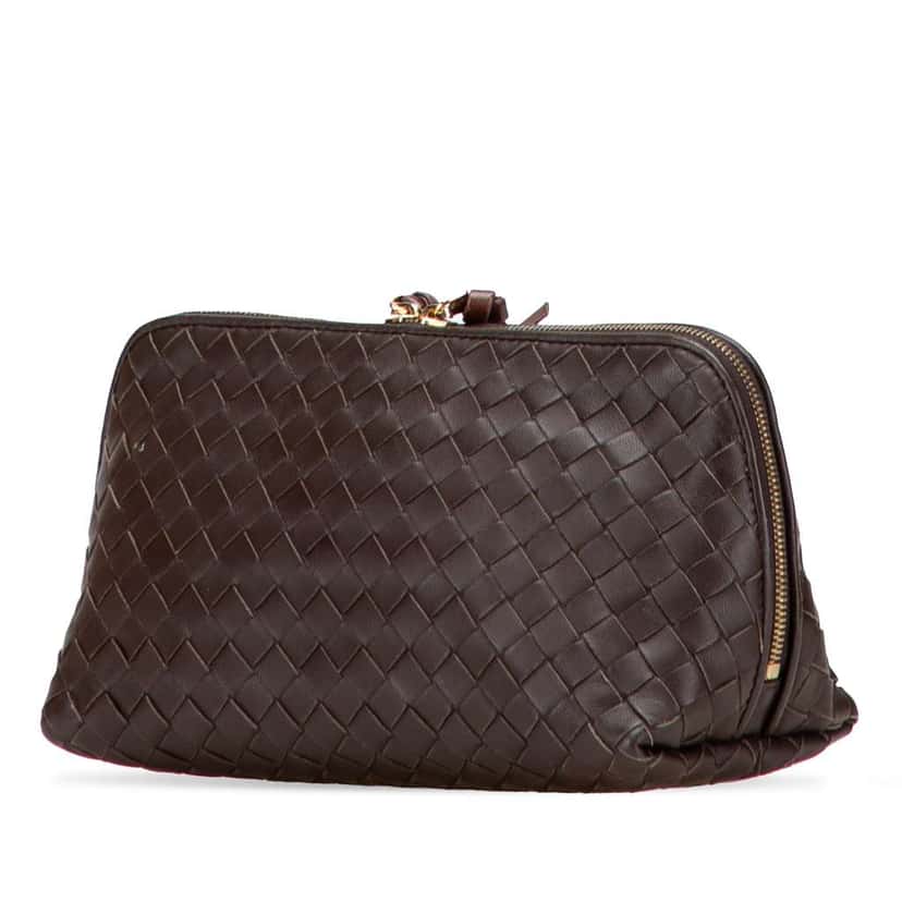 Bottega Veneta Nappa Intrecciato Cosmetic Pouch Brown Leather Good condition - Back View