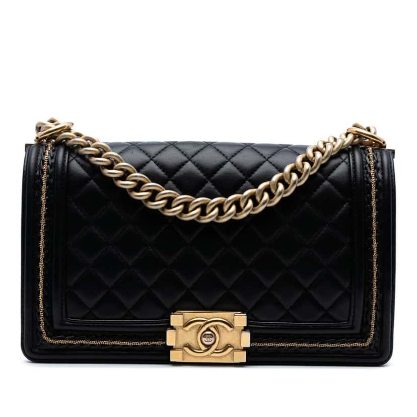 Chanel Old Medium Quilted Lambskin Chain Boy Flap Black Leather Good condition - Front View