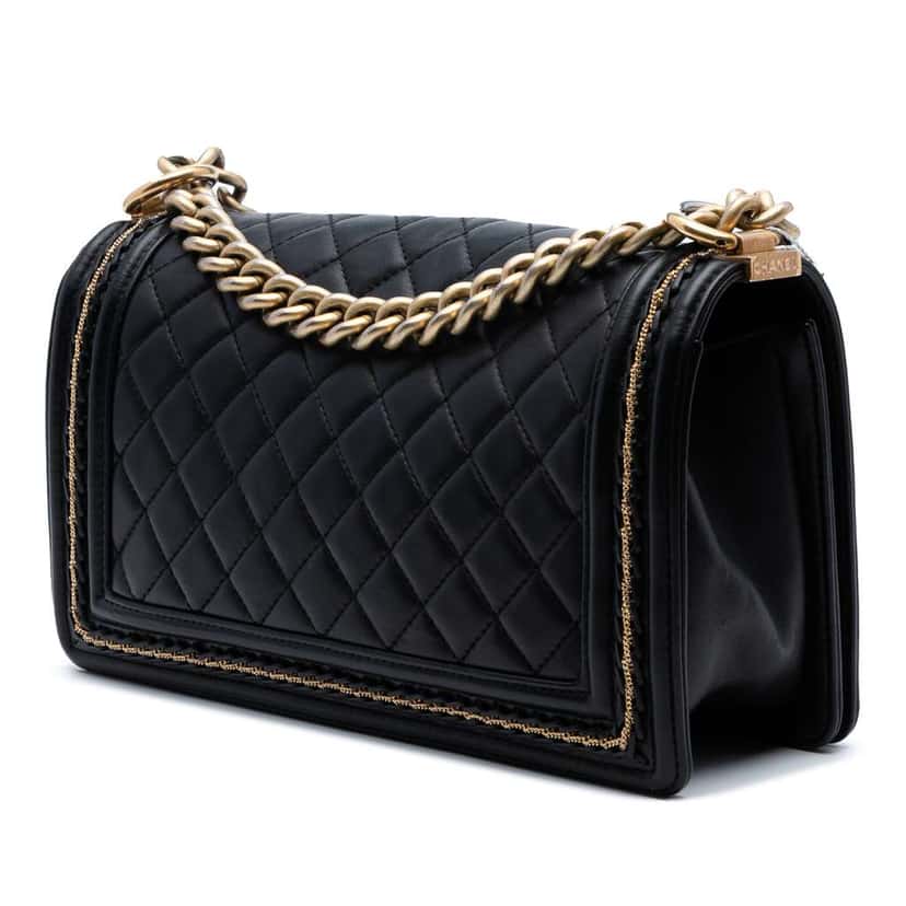 Chanel Old Medium Quilted Lambskin Chain Boy Flap Black Leather Good condition - Back View
