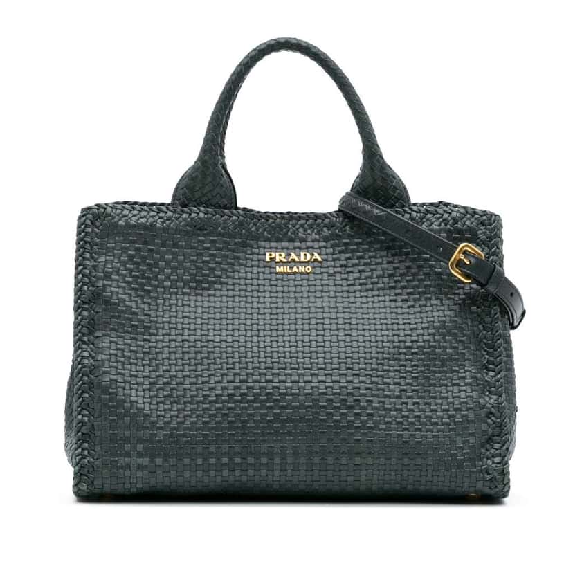 Prada Goatskin Woven Madras Satchel Green Leather Good condition - Front View