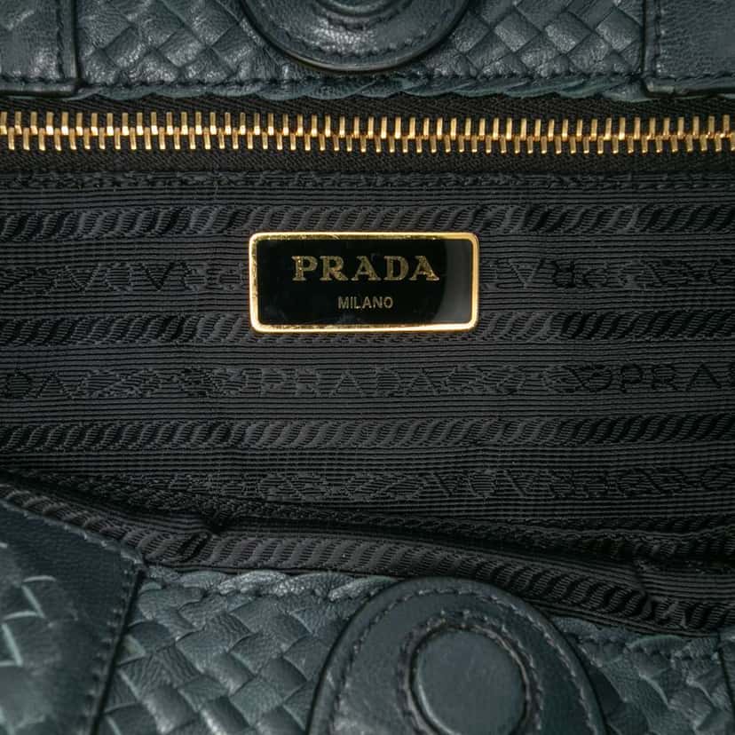 Prada Goatskin Woven Madras Satchel Green Leather Good condition - Box View