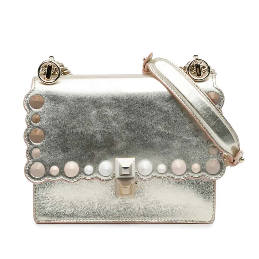 Fendi Small Scalloped Metallic Calfskin Studded Pearl Kan I Crossbody Silver Leather Good condition - Front View