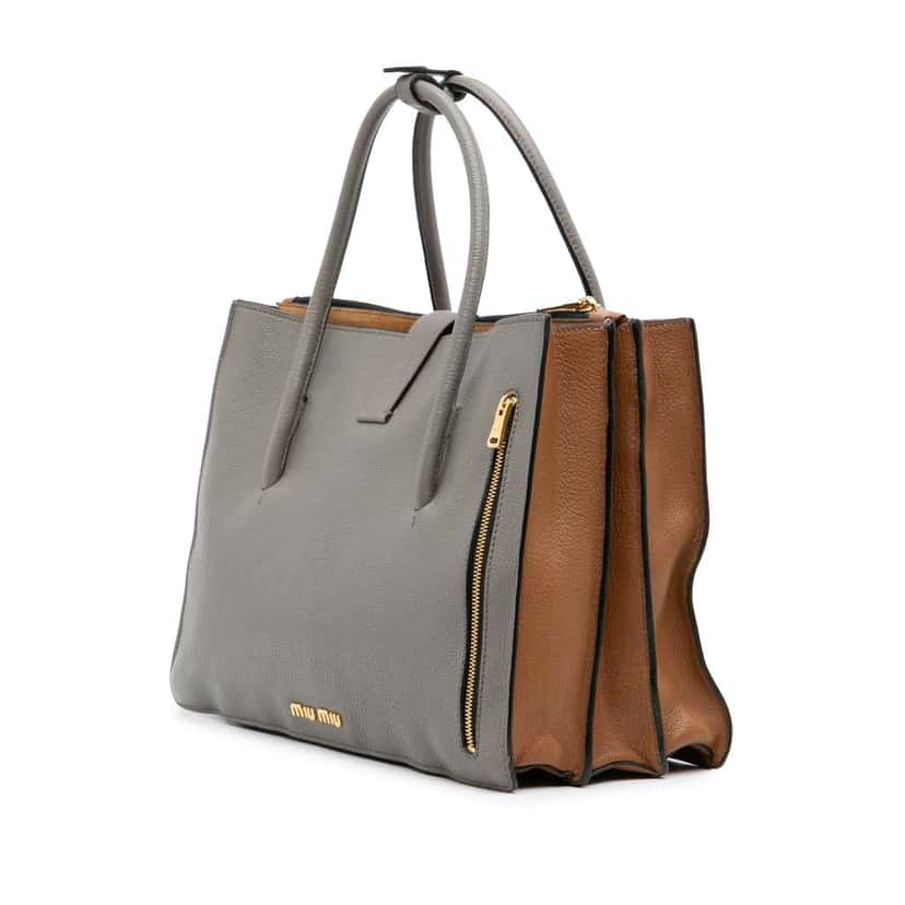 Miu Miu Goatskin Madras Push Lock Tote Grey Leather Good condition - Back View