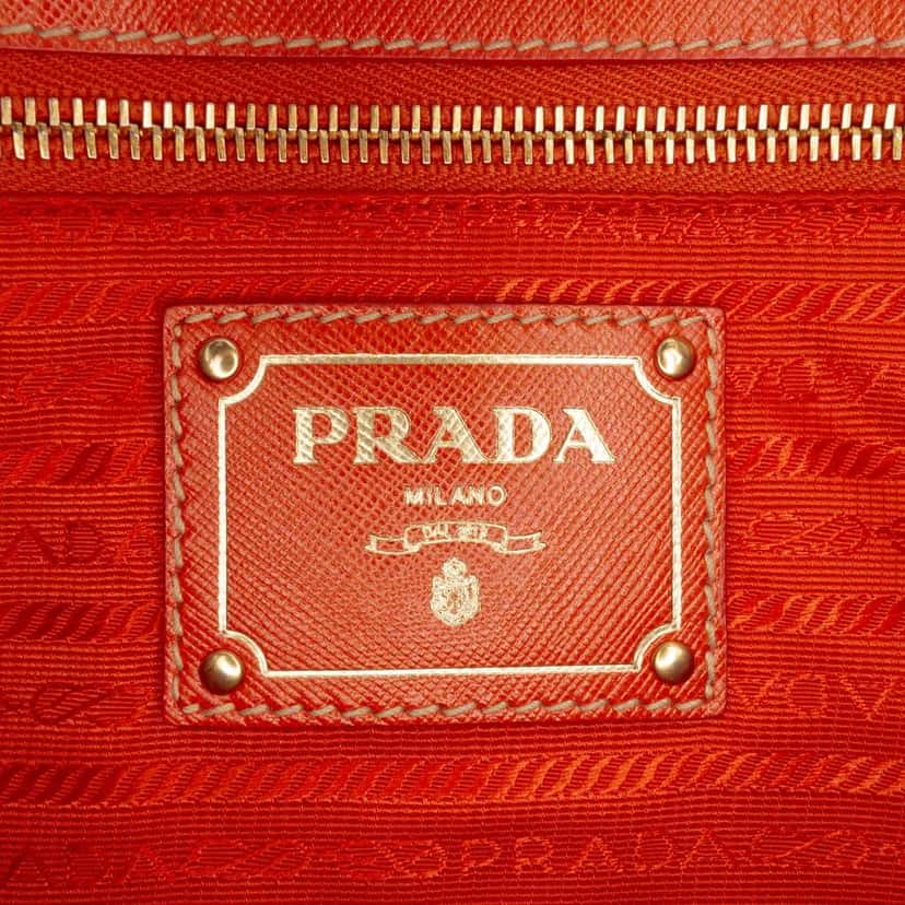 Prada Saffiano Trimmed Tessuto Logo Oro Satchel Orange Very good condition - Box View