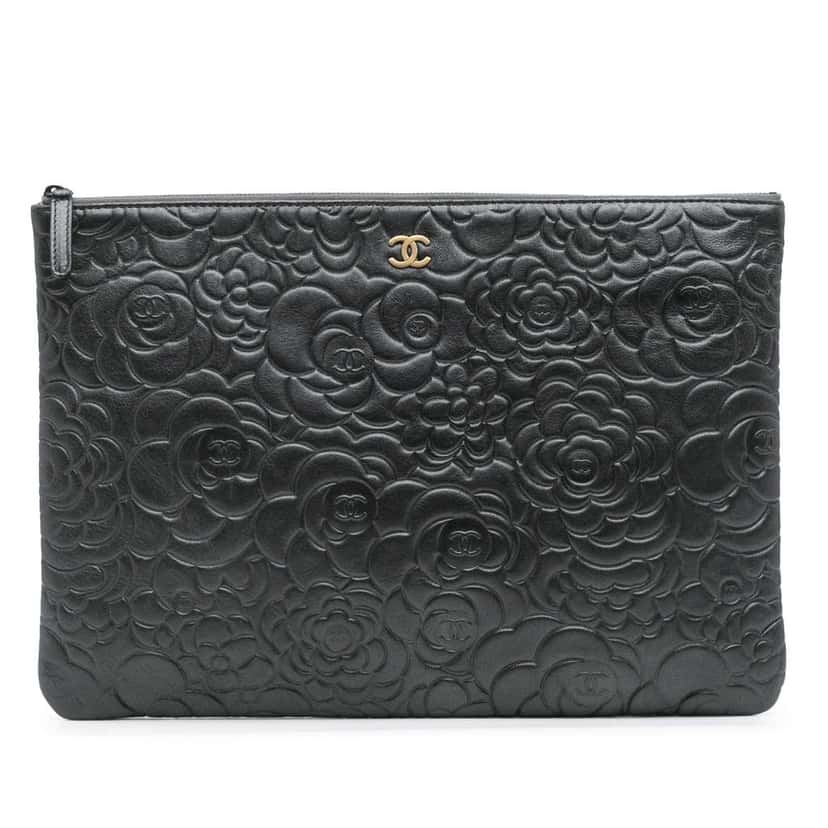 Chanel Large CC Embossed Lambskin Camellia O Case Clutch Black Leather Good condition - Front View