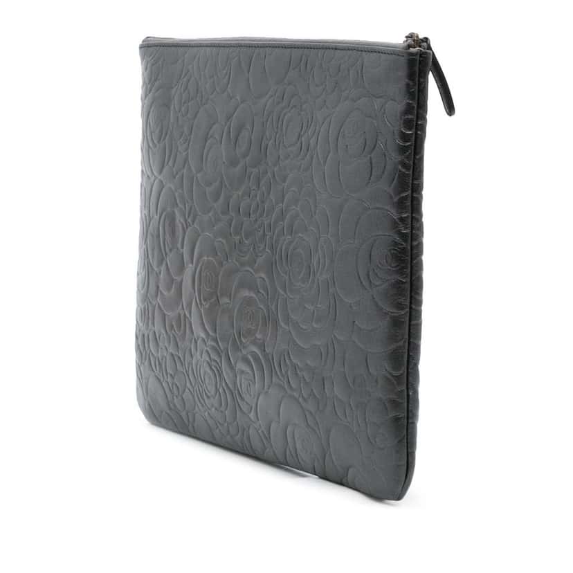 Chanel Large CC Embossed Lambskin Camellia O Case Clutch Black Leather Good condition - Back View
