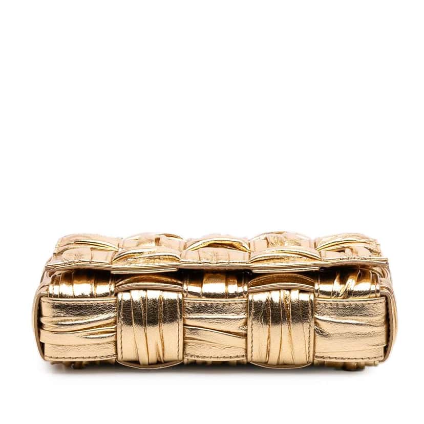 Bottega Veneta Small Metallic Calfskin Intreccio Plisse Cassette Crossbody Gold Leather Good condition - Inside View