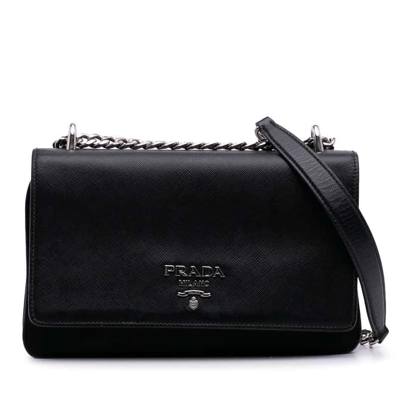 Prada Saffiano Trimmed Tessuto Chain Crossbody Black Good condition - Front View