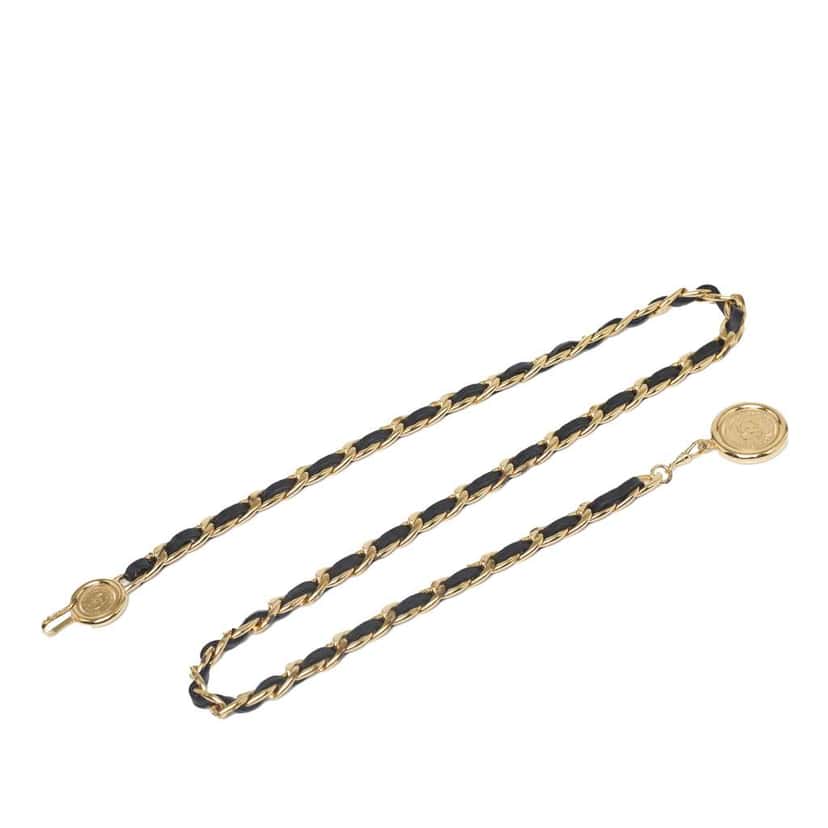 Chanel Gold Plated Medallion Leather Woven Chain Belt Gold Metal Good condition - Front View
