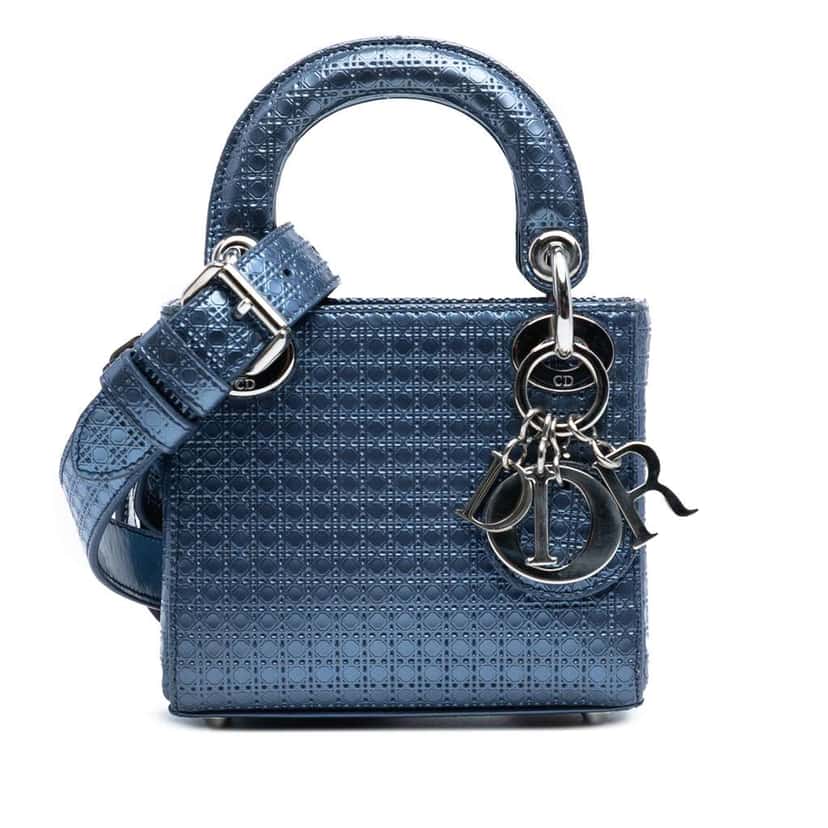 Dior Mini Metallic Patent Microcannage Lady Dior Blue Leather Good condition - Front View