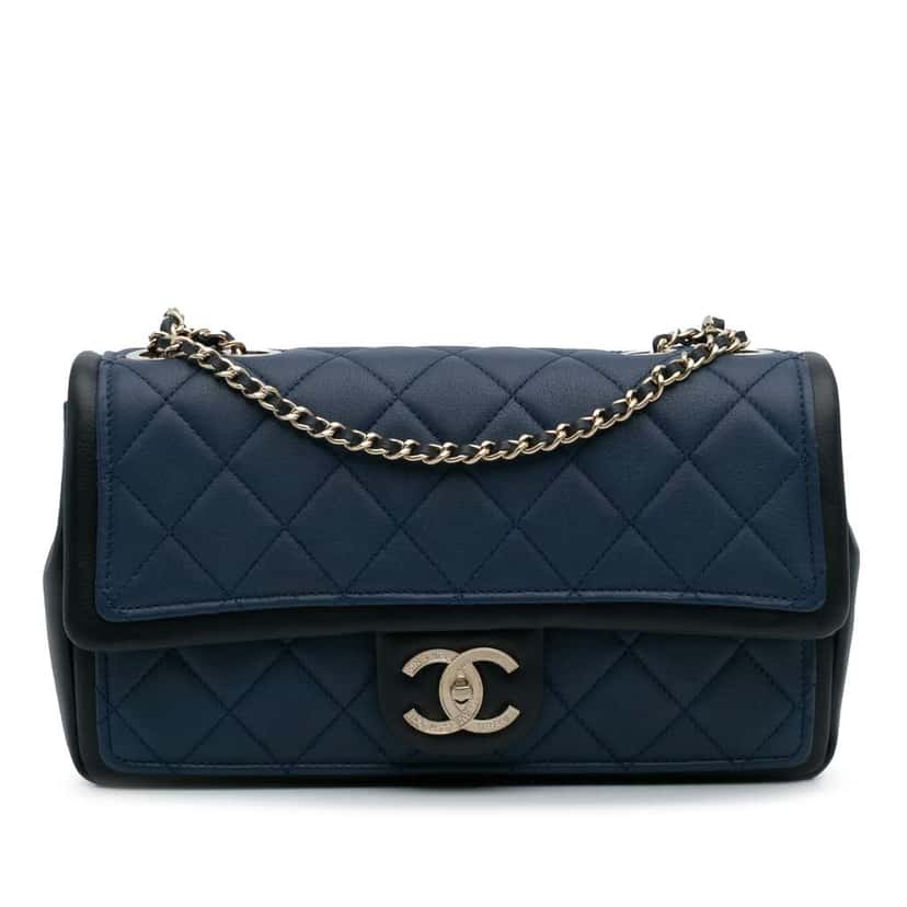 Chanel Medium Bicolor Calfskin Graphic Flap Blue Leather Good condition - Front View
