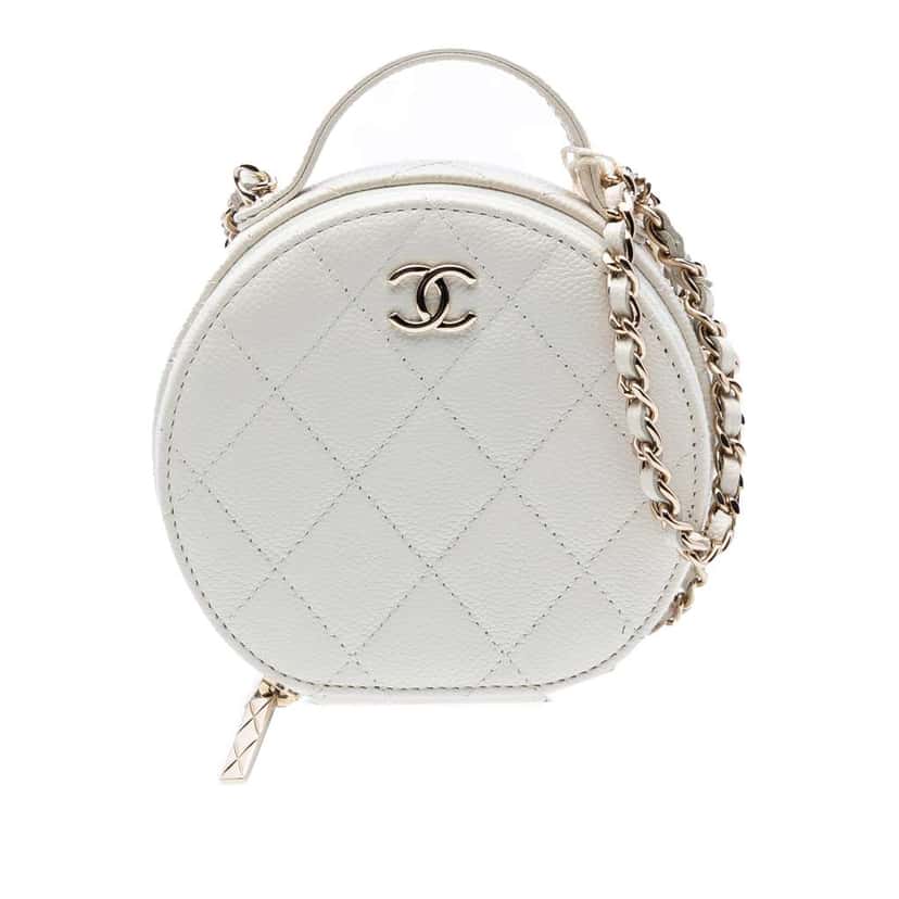 Chanel Quilted Caviar Handle With Care Round Vanity Case with Chain White Leather Good condition - Front View