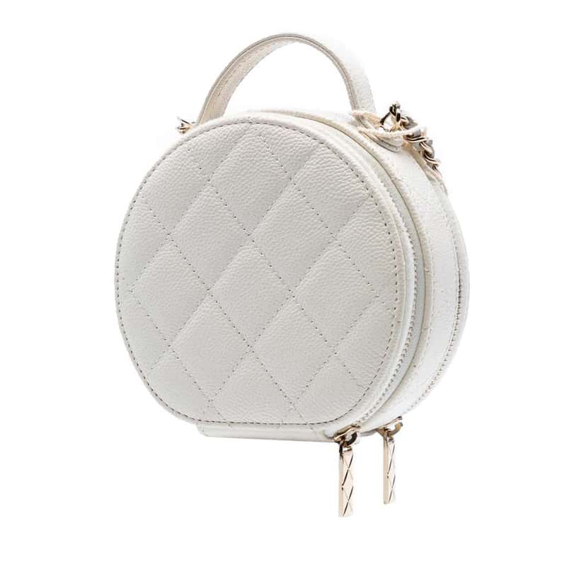 Chanel Quilted Caviar Handle With Care Round Vanity Case with Chain White Leather Good condition - Back View