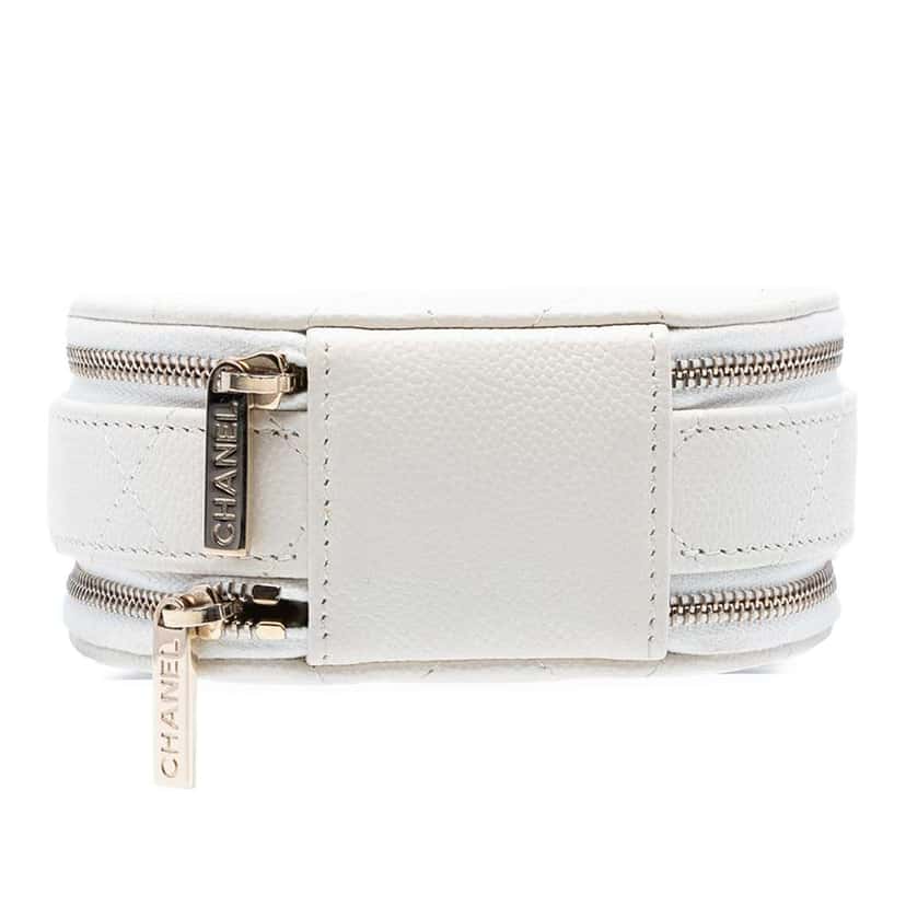 Chanel Quilted Caviar Handle With Care Round Vanity Case with Chain White Leather Good condition - Inside View