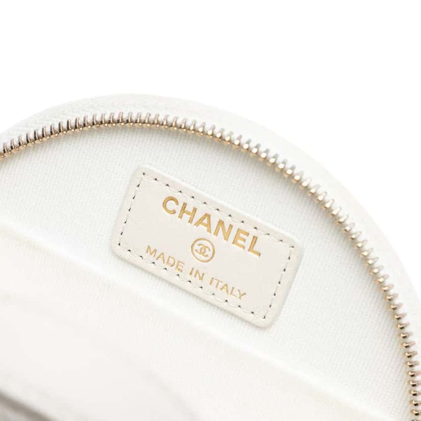 Chanel Quilted Caviar Handle With Care Round Vanity Case with Chain White Leather Good condition - Box View