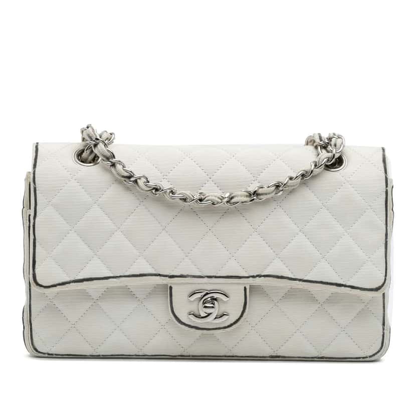 Chanel Medium Classic Printed Grosgrain Double Flap White Good condition - Front View