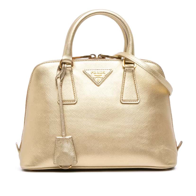 Prada Small Saffiano Lux Promenade Satchel Gold Leather Good condition - Front View