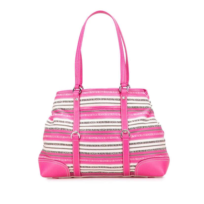 Prada Striped Jacquard Tote Pink Canvas Good condition - Front View