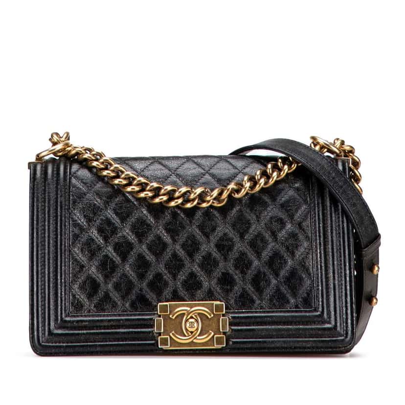 Chanel Old Medium Cracked Metallic Calfskin Boy Flap Black Leather Good condition - Front View