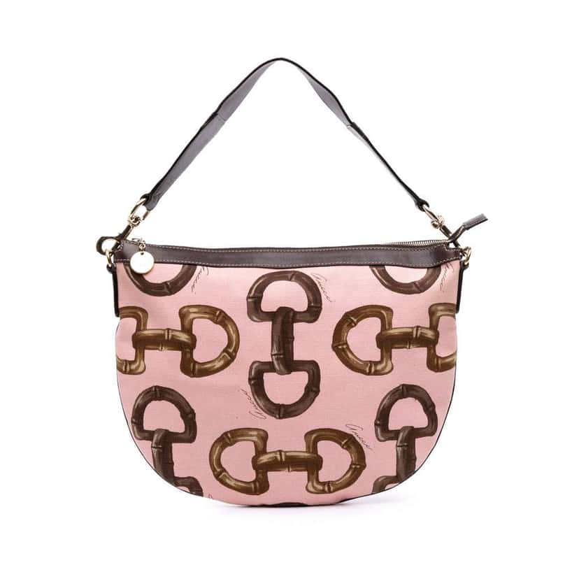 Gucci Canvas Bamboo Horsebit Print Hobo Pink Canvas Good condition - Front View