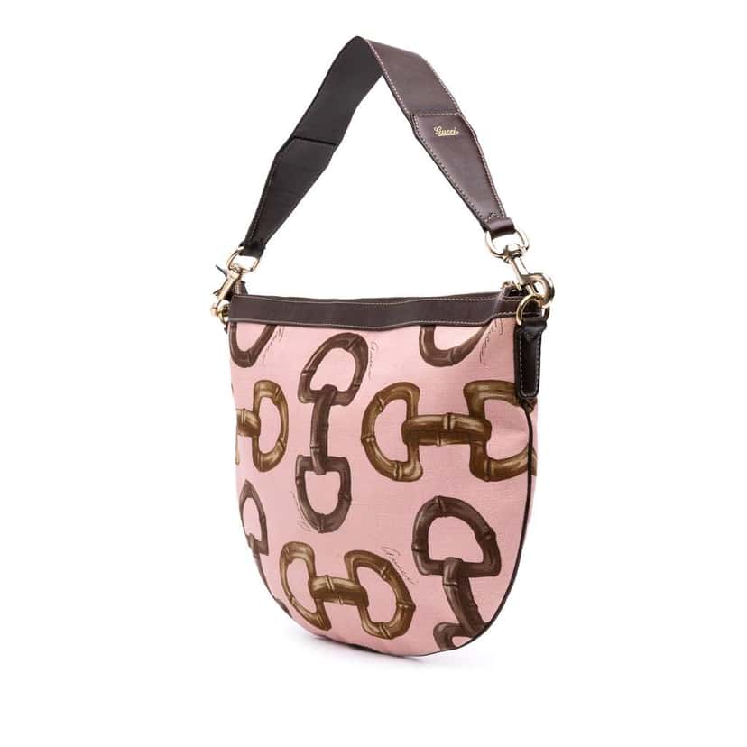 Gucci Canvas Bamboo Horsebit Print Hobo Pink Canvas Good condition - Back View